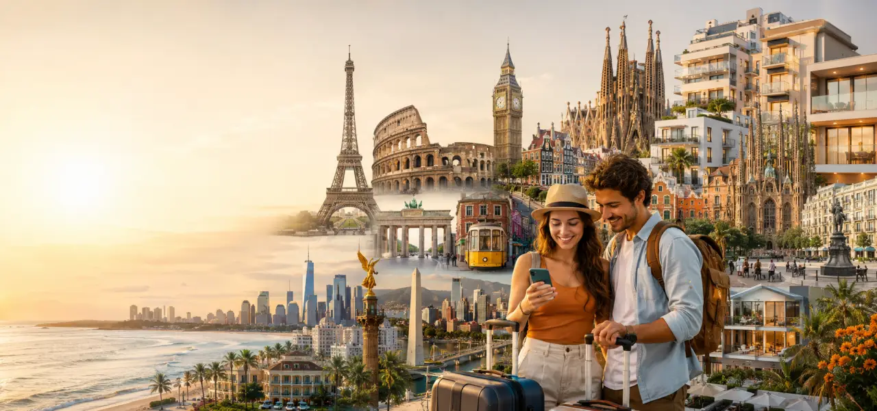 Pareja planificando sus vacaciones con apartamentos en los destinos más populares entre viajeros españoles