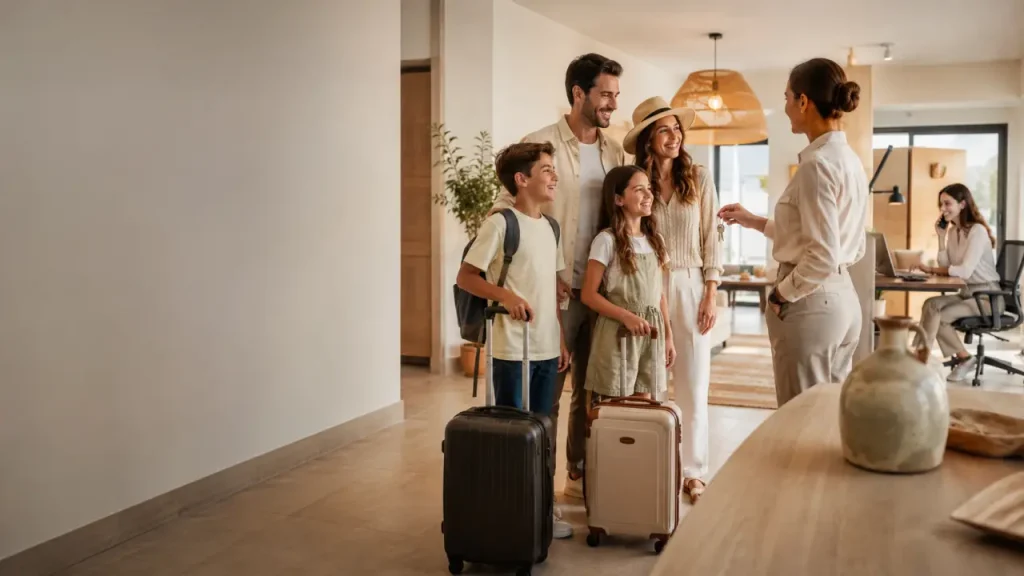 Familia realizando el check-in de un apartamento vacacional reservado con BookingGoTrip, con atención personalizada y entrega de llaves.