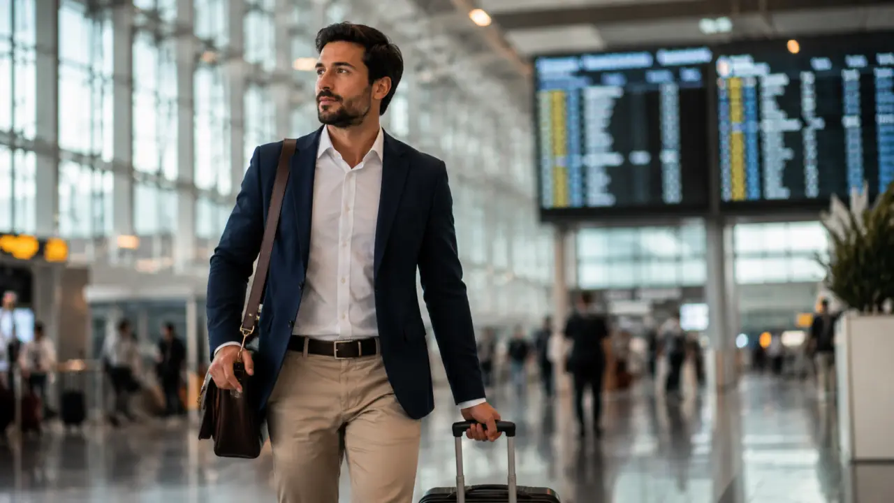 Profesional con maleta de viaje y maletín caminando por una terminal de aeropuerto moderna con paneles de vuelos internacionales